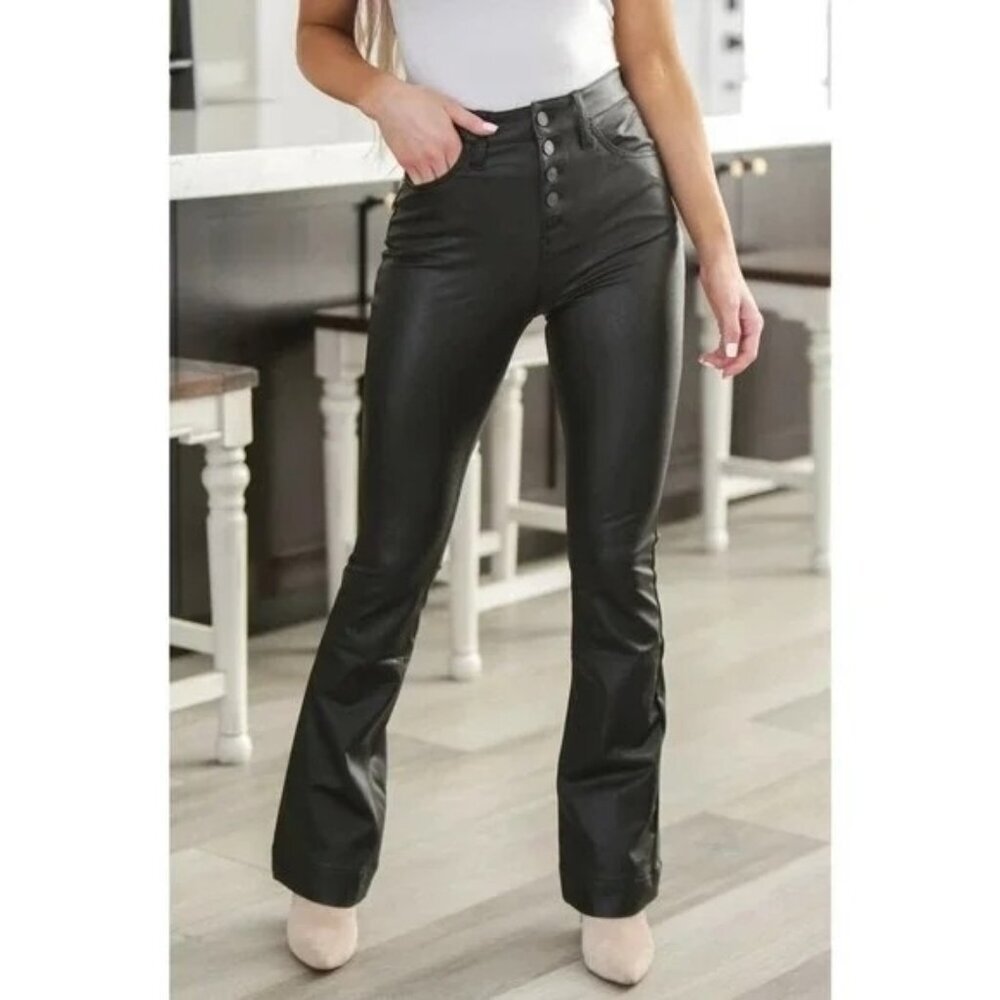 [KanCan] Black Faux Leather High Rise Button Fly Flare Pants Stretch Black Size